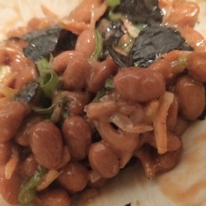 刻み海苔とねぎと素干しエビの納豆かけご飯